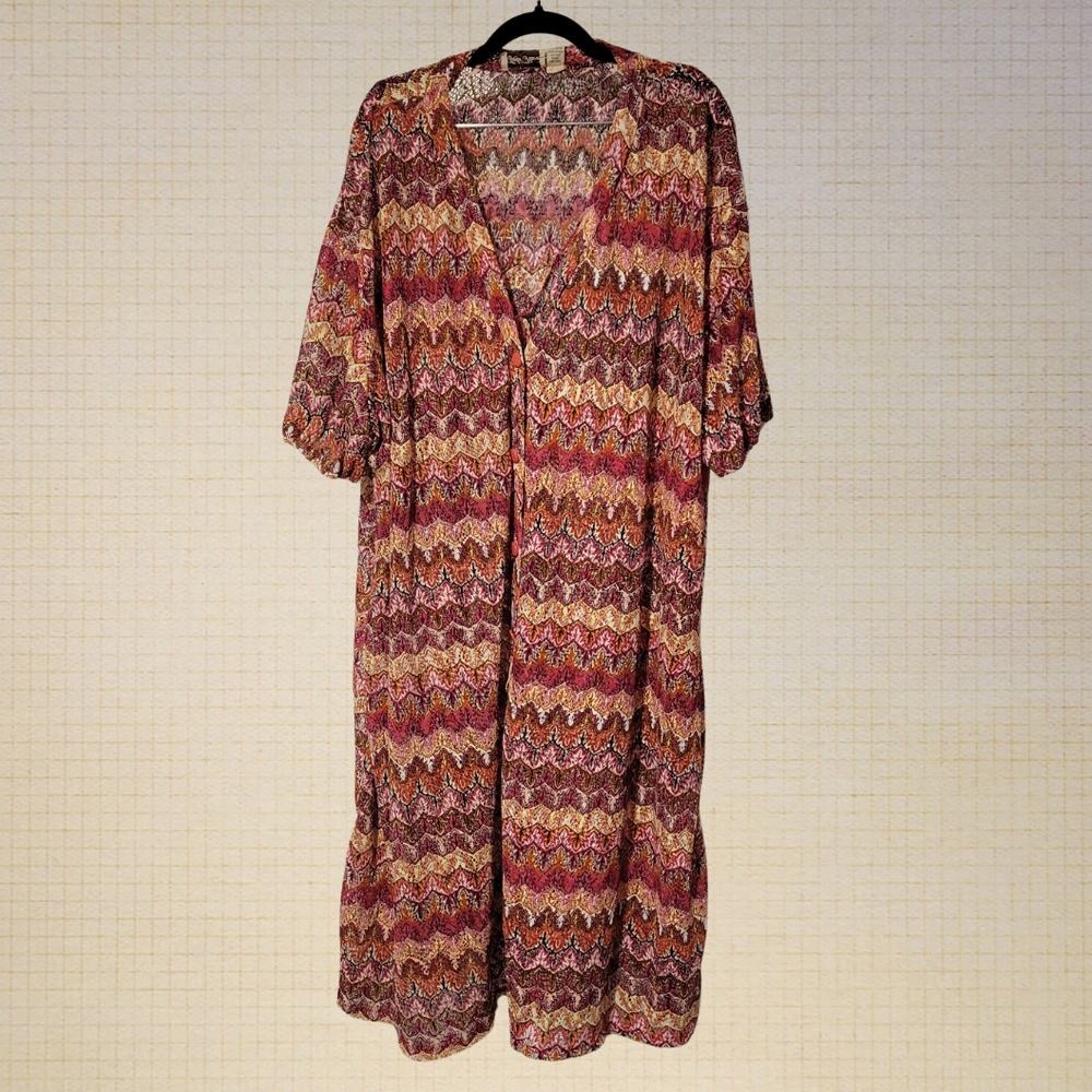 Boho 2000s Gold Flava Crochet Cardigan V Neck Button Up Size 34 Purple Pink Red